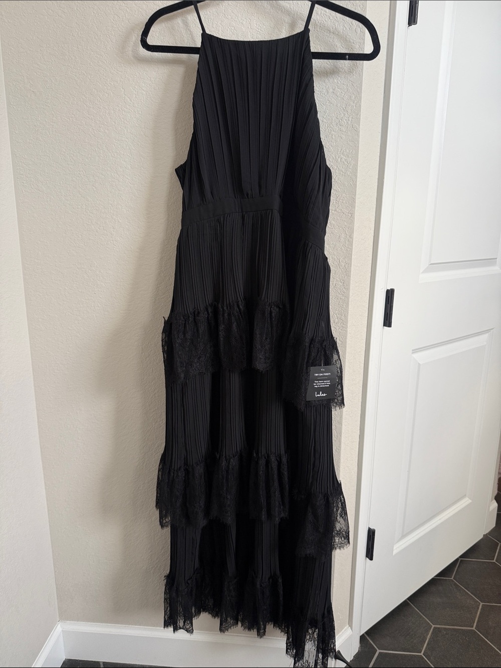 LULUS Black Tiered Lace-Trim Maxi Dress